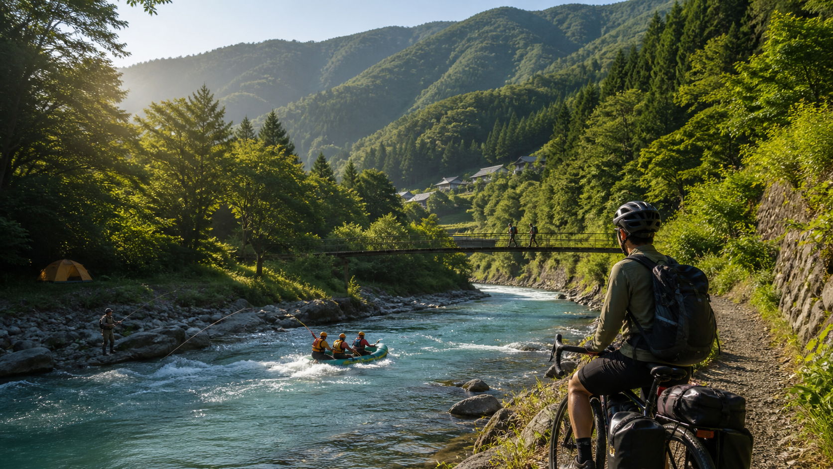 奥多摩の川沿いでサイクリング、釣り、ラフティングを楽しむ人々